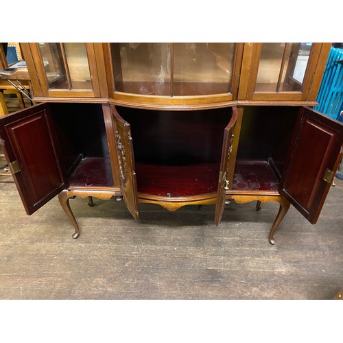 439 - victorian bow fronted display cabinet on queen ann legs 190h x 134l x 44d