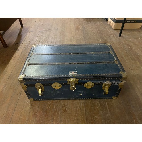 38 - Large vintage Victor Luggage travel trunk with insert and key.