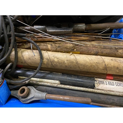 466 - box of welding rods masks & gas bottle etc