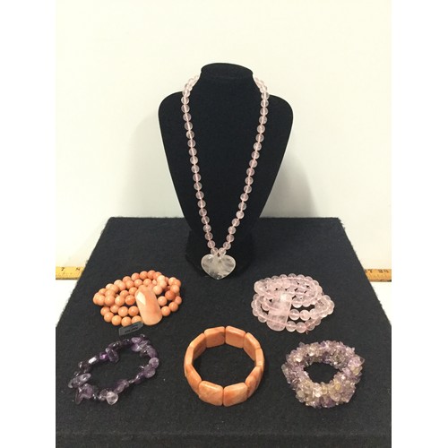 3 - Selection of semi precious stone jewellery to include rose quartz and peach aventurine etc.