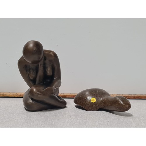 12 - Polished stone kneeling figure sculpture along with polished stone turtle. tallest is 11cm.