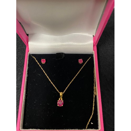 21 - Gold plate on silver chain, pendant and earring set with pink stones.