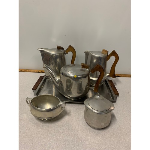 70 - 5 piece Piquot ware set along with stainless steel tray.