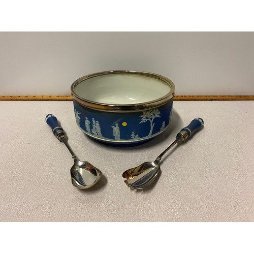 71 - Wedgewood Jasper ware salad bowl with matching spoon and fork. 23cm diameter.