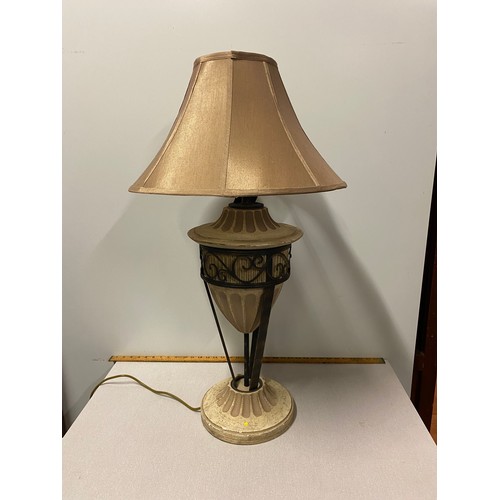 97 - Large unusual table lamp in cast metal frame with scroll work.
90cm Tall inc shade