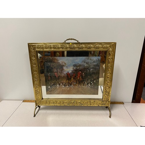 48 - Brass framed, mirrored fire screen depicting hunting scene.