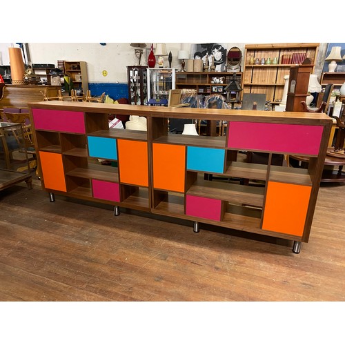 108 - Very large, heavy retro Modular bookcase/room divider. Possibly from library.
148cm L x 121cm H x 40... 