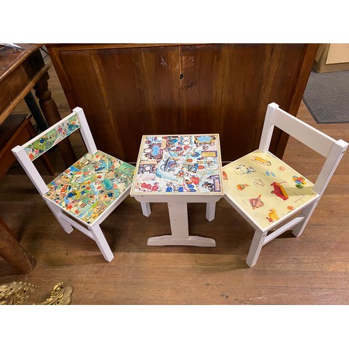 251 - Kids wooden table and 2 chairs with decoupage.