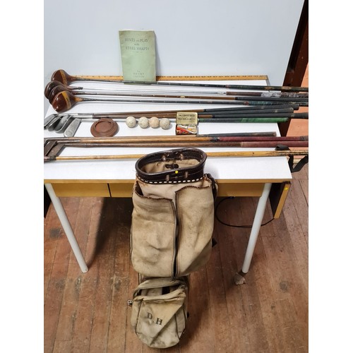 264 - selecction of vintage hickory shafted golf clubs & bag etc