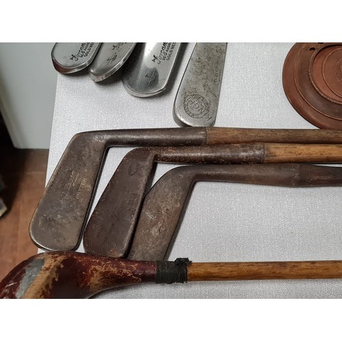 264 - selecction of vintage hickory shafted golf clubs & bag etc