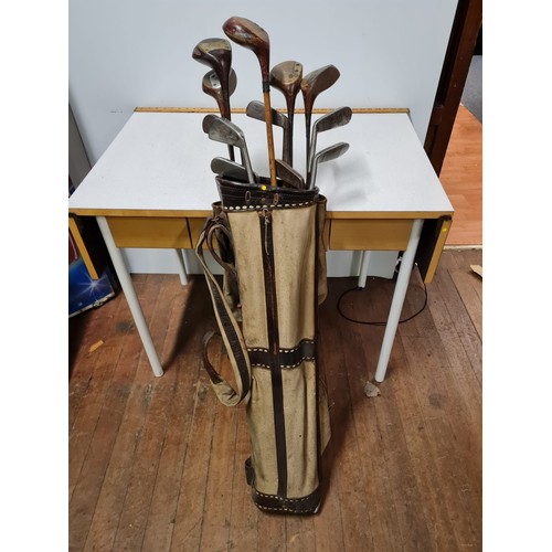 264 - selecction of vintage hickory shafted golf clubs & bag etc