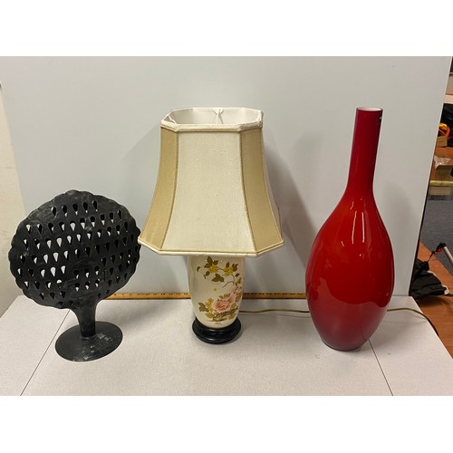 305 - Table lamp, Large Glass vase and metal tree ornament.