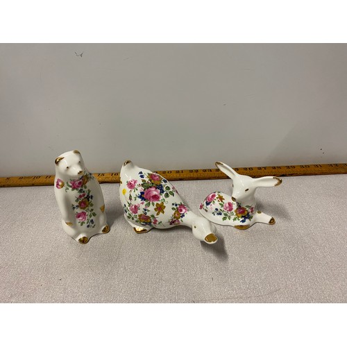 268 - 3 x Crown Staffordshire floral animals.
Tallest 13cm