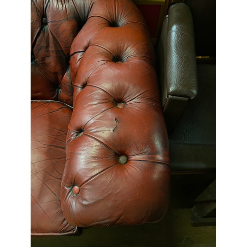 359 - 3 seater oxblood leather chesterfield sofa with club chair.