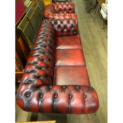 359 - 3 seater oxblood leather chesterfield sofa with club chair.