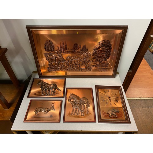 1 - 4 x Magowan Irish copperware animal wall hangings along with matching clock. largest is 77cm x 51cm.