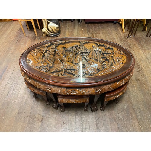 5 - Asian highly carved, glass topped coffee table with 6 stools. 121cm x 76cm x 53cm.