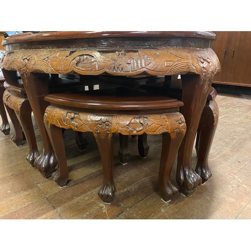 5 - Asian highly carved, glass topped coffee table with 6 stools. 121cm x 76cm x 53cm.