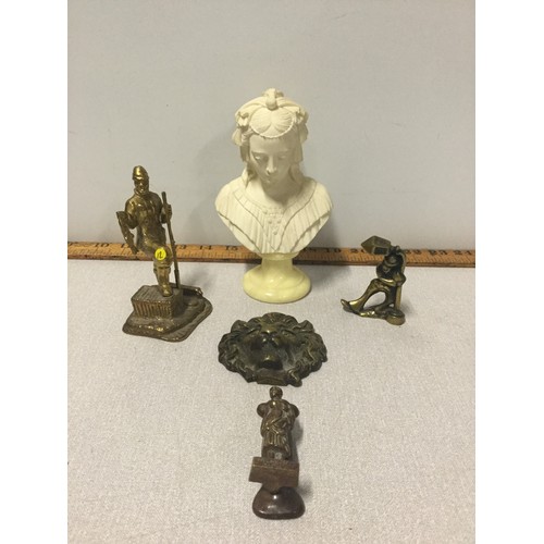 27 - Miniature alabaster Gianelli signed bust on onyx base 16cm along with 4 brass items to include door ... 