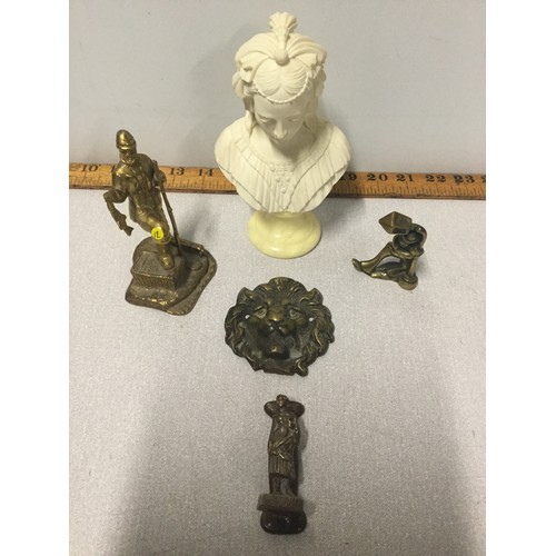 27 - Miniature alabaster Gianelli signed bust on onyx base 16cm along with 4 brass items to include door ... 