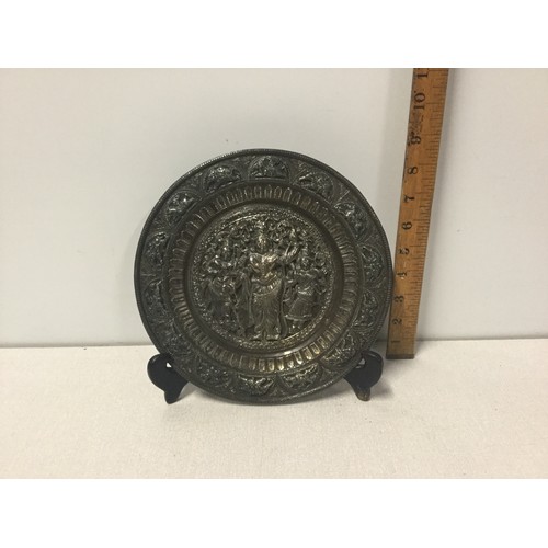 28 - Vintage Indian Hindu offering/wedding plate possibly bronze/brass. depicting Deity, flowers, elephan... 