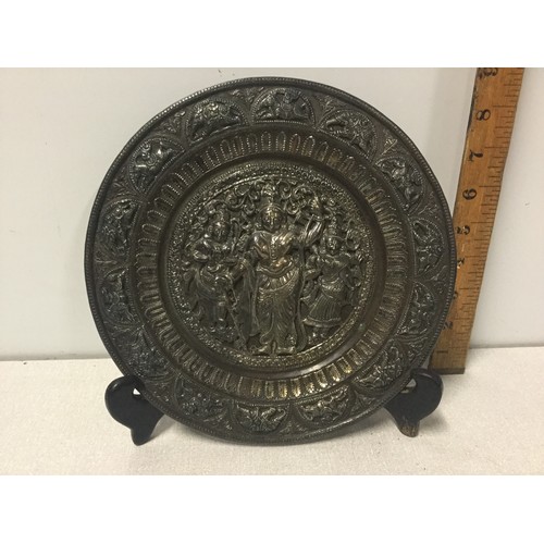 28 - Vintage Indian Hindu offering/wedding plate possibly bronze/brass. depicting Deity, flowers, elephan... 