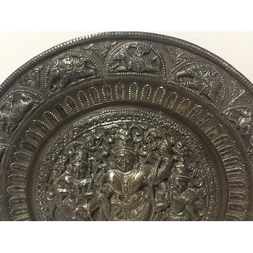 28 - Vintage Indian Hindu offering/wedding plate possibly bronze/brass. depicting Deity, flowers, elephan... 