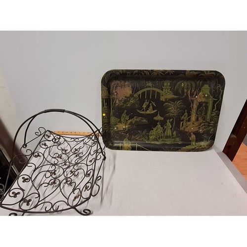 37 - Vintage Worcester ware tray along with metal basket/log holder.