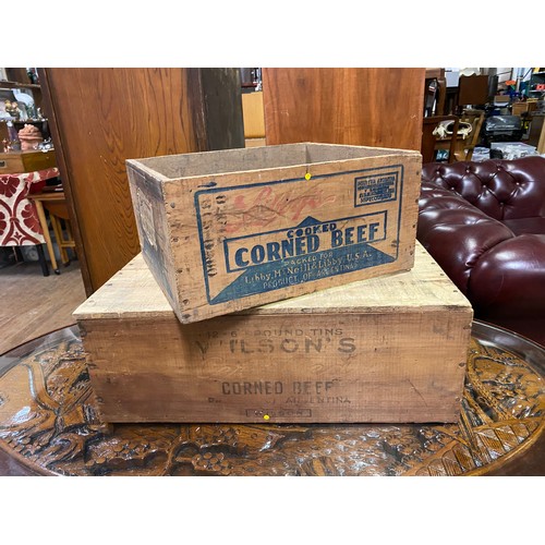 40 - 2 vintage wooden corned beef crates. Largest 57cm x 32cm x 20cm