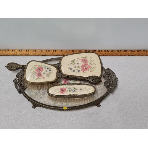 46 - Vintage 4 piece dressing table set with floral embroidered design.