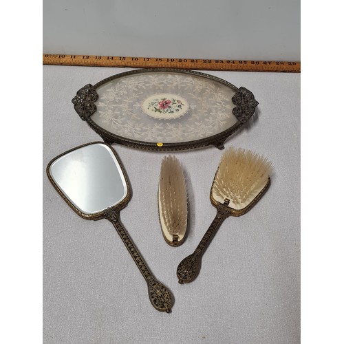 46 - Vintage 4 piece dressing table set with floral embroidered design.