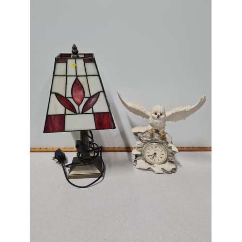 47 - Small Tiffany style lamp along with owl mantle clock.