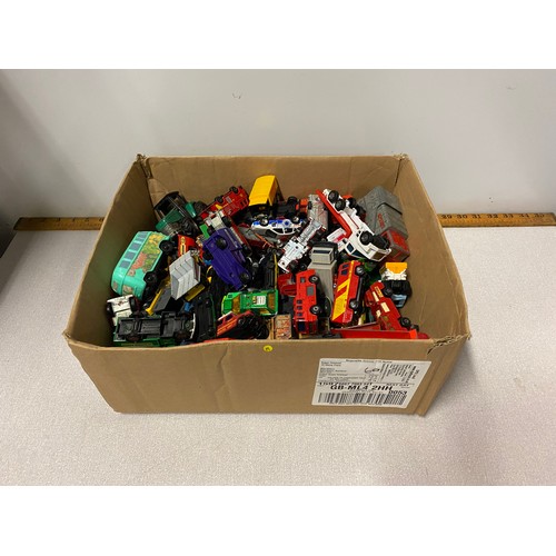 67 - Box of die cast play worn buses and cars etc.