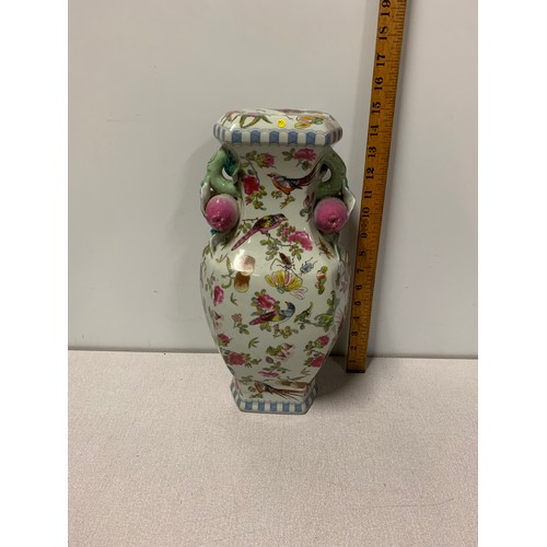 105 - Chinese hand painted ceramic lamp base depicting birds and flowers.