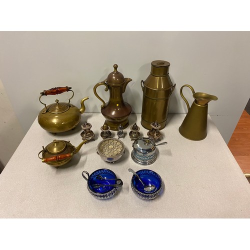 13 - Selection of metal ware to include Brass teapots etc.