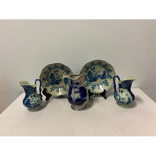 89 - Selection of vintage Oriental blue and white ware to include cabinet plates and jugs. Marked to the ... 