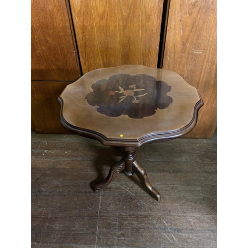 113 - Inlaid pedestal window table.
57cm h 
52cm diameter.