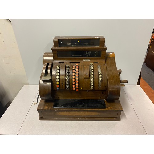 239 - Antique wooden National cash register. H 59cm x L 64cm x D 41cm.