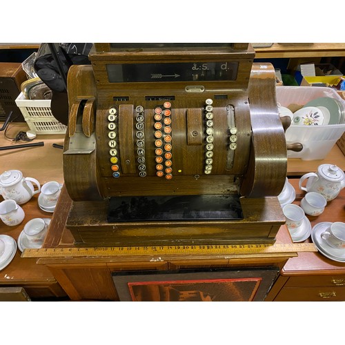 239 - Antique wooden National cash register. H 59cm x L 64cm x D 41cm.