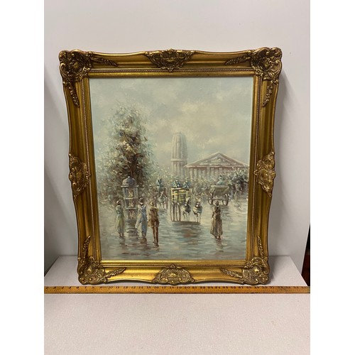 472 - Original gilt framed oil painting of Parisian city scape signed by artist J.Gaston. 62cm x 73cm.