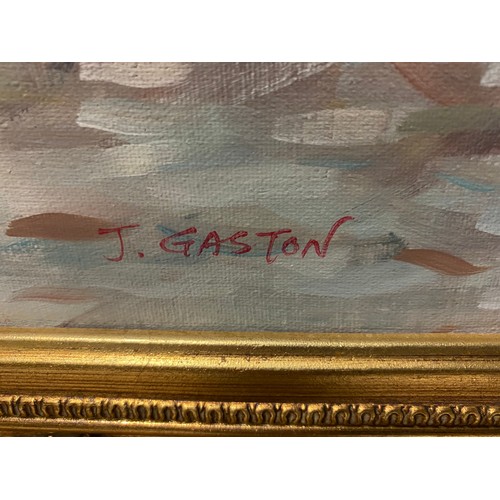 472 - Original gilt framed oil painting of Parisian city scape signed by artist J.Gaston. 62cm x 73cm.