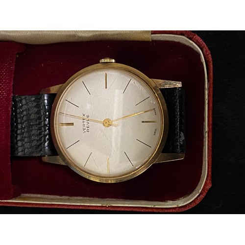 141 - gents 9ct gold vertex revue watch
(needs attention)