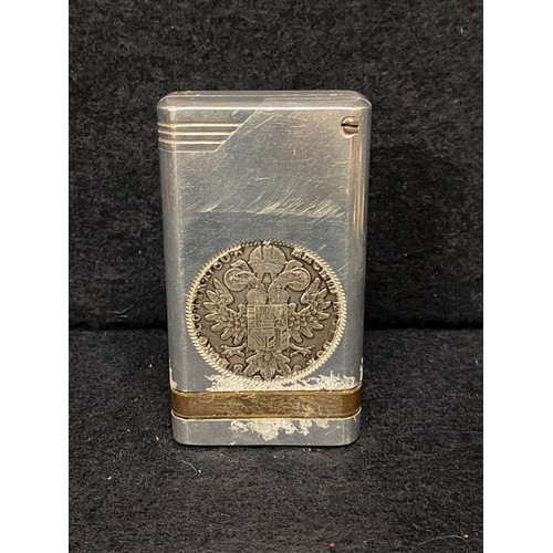 176 - Large chrome lighter depicting Empress Teresa Austro - Hungarian (1780 coin)