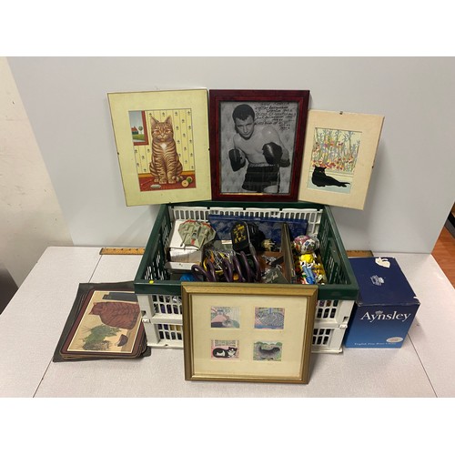 489 - Box of misc along with prints and framed boxing photograph.