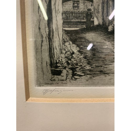 492 - Vintage Robert Andrew Riddle River Clyde print along with 2 small, signed etchings. biggest is  64cm... 