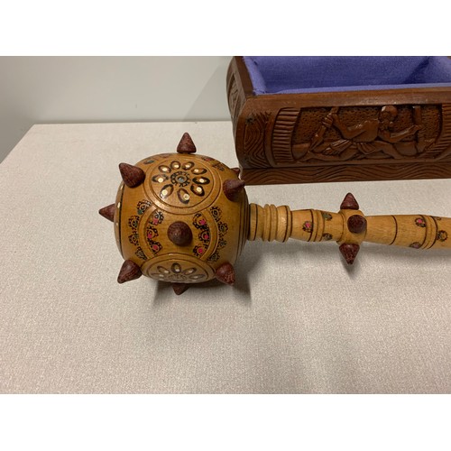 12 - Ukrainian hand carved Bulava wooden mace along with hand carved African box.
mace 50 cm l