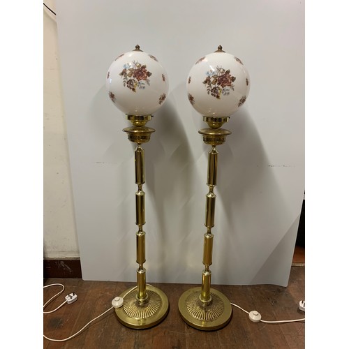 29 - Pair of vintage brass floor lamps with floral globe shades.