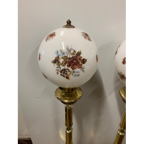 29 - Pair of vintage brass floor lamps with floral globe shades.