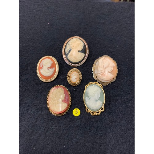 196 - 6 x Cameo brooches.