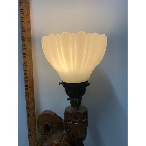 74 - Large carved Asian lamp with glass flower shade.
71cm h inc shade